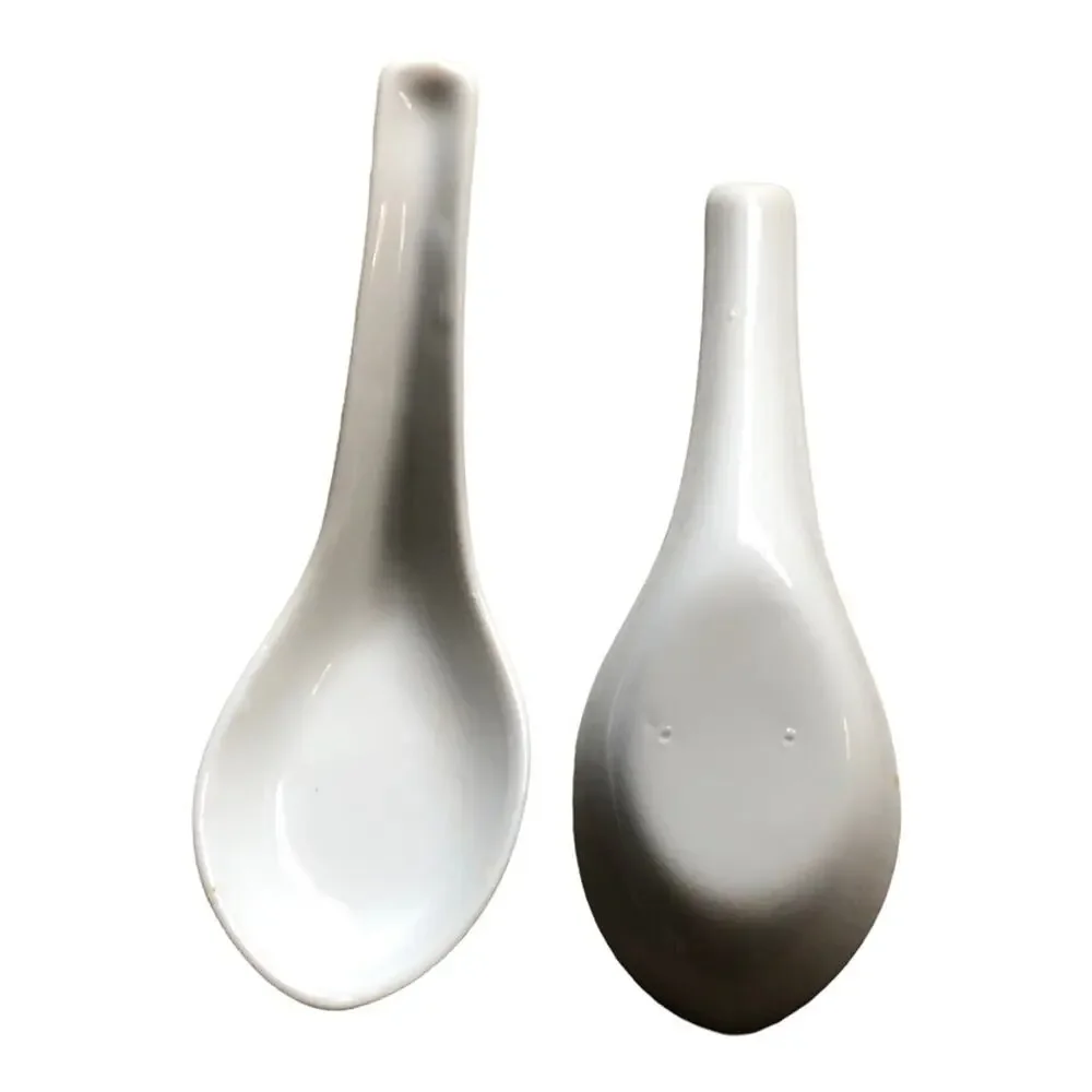 Asian Soup Spoons Set of 8 White Ceramic Chinese Rice Porcelain Flat Bottom